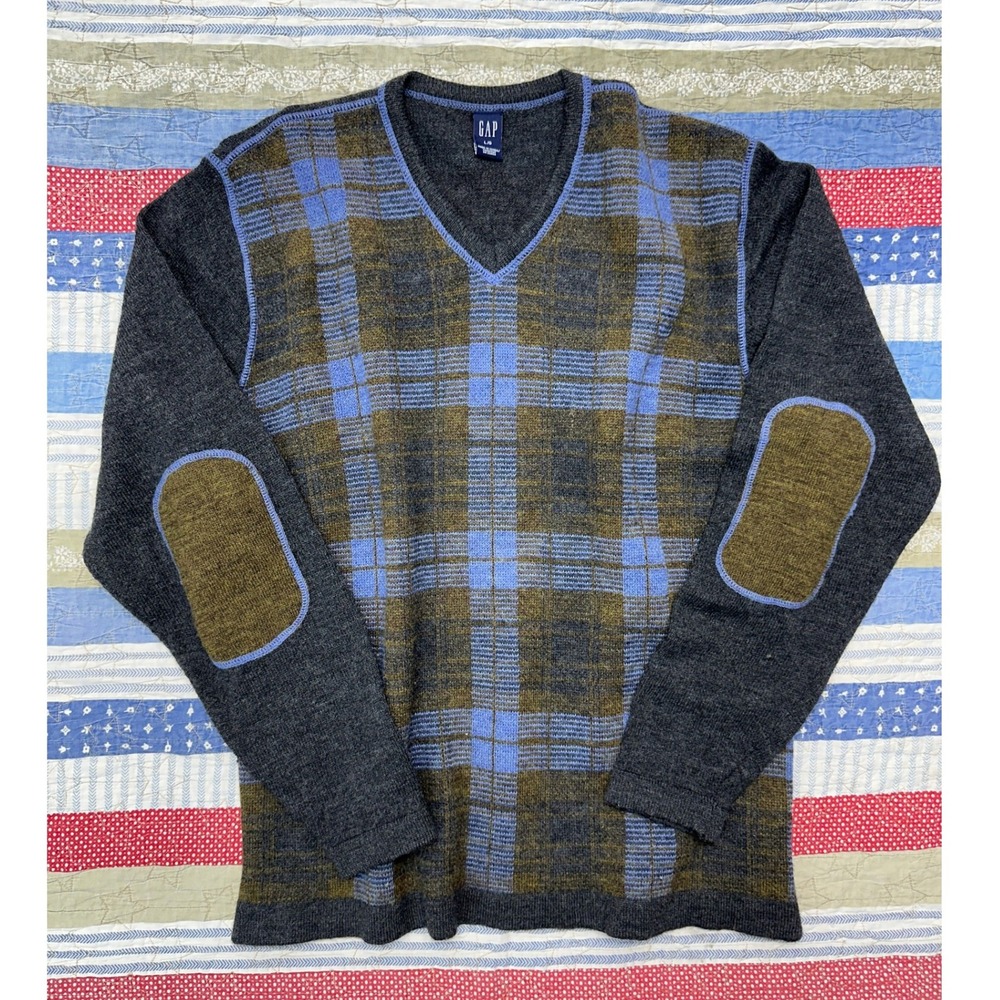 GAP Sweater Gray Plaid Wool V-Neck Elbow Patches VTG 90s / Men's Large